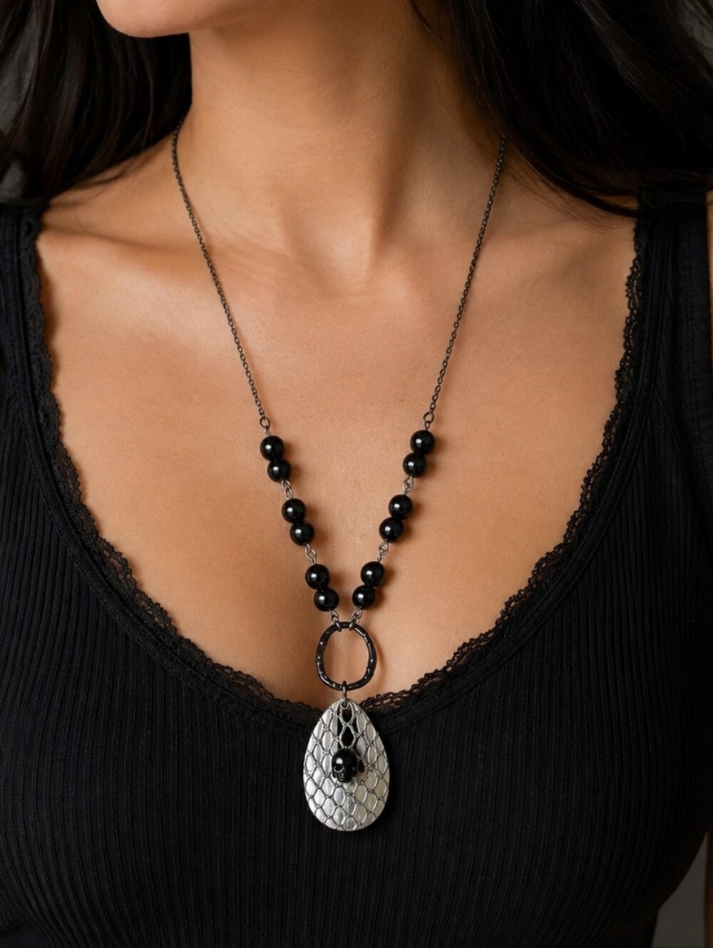 Handcrafted Scales And Skull With Glass Beads 24 Inch Pendant Necklace
